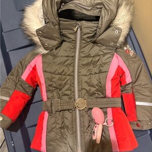 New (without tags) Girls Olive Green Puffer Coat with Pink & Red Accents